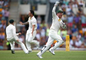Haddin celebrates his 200th Test catch in Adelaide. 
