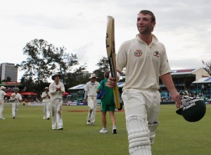Hughes walks off after scoring back-to-back hundreds in only his second Test match. 